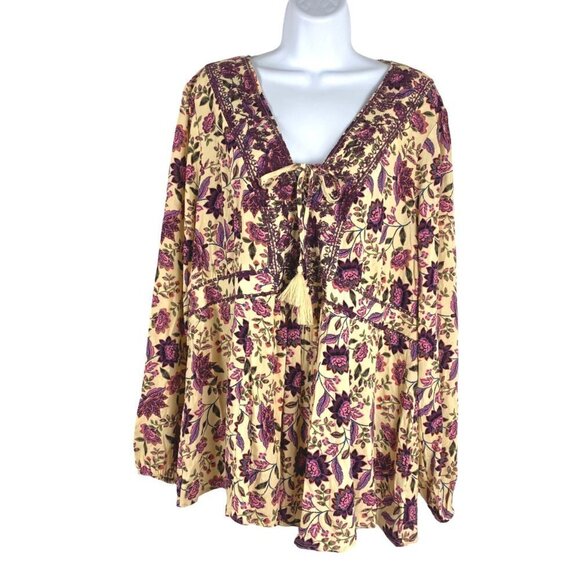 Torrid Embroidered Lace Front Babydoll Top Textured Challis Floral Sand NWT 1X - Picture 4 of 11